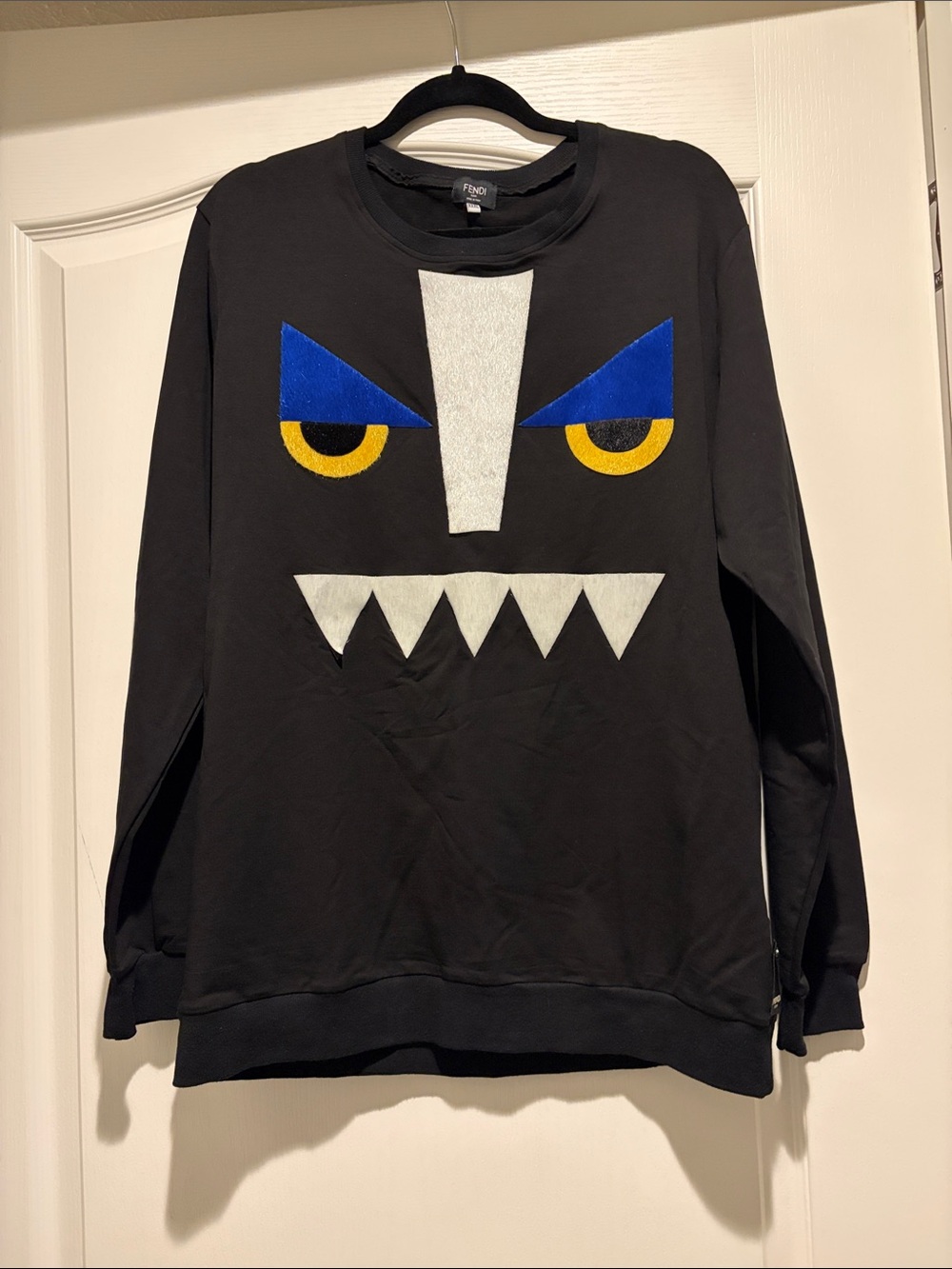 Fendi Black Crewneck with Blue and Yellow Monster Motif